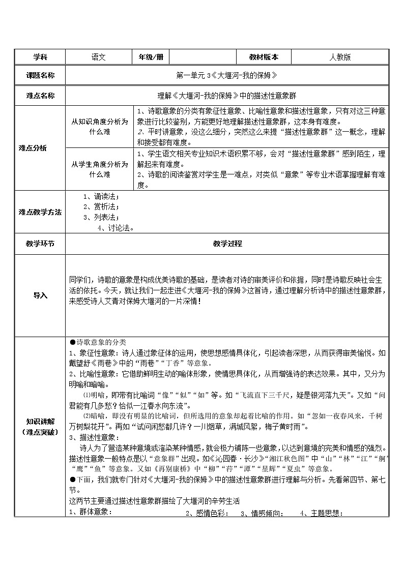 部编版高中语文选择性必修下册6.1大堰河——我的保姆   教案第1页