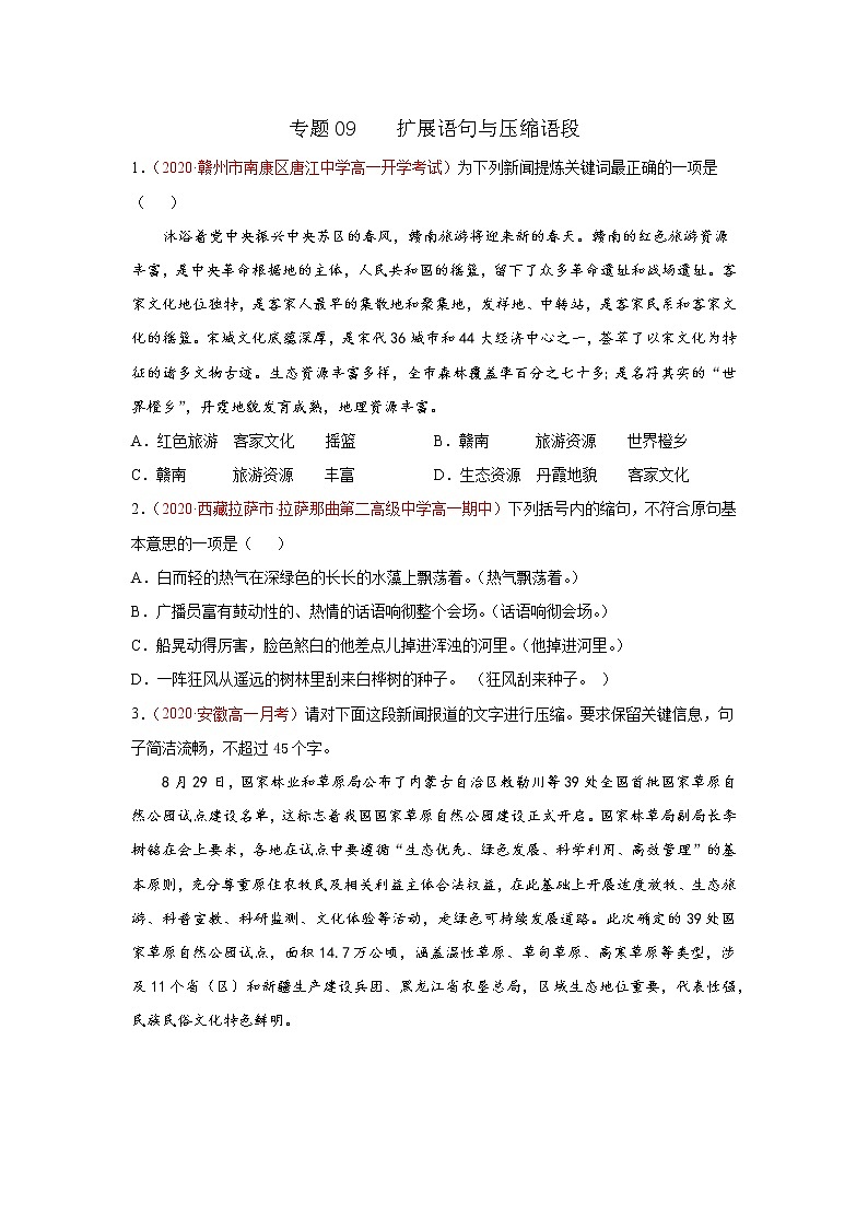 2022届高考语文专题复习 专题09  扩展语句与压缩语段（原卷版）第1页
