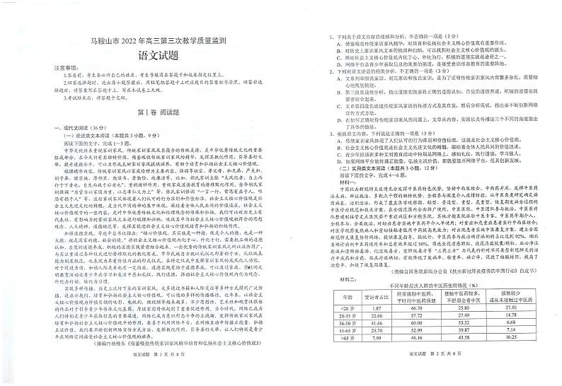 2022马鞍山高三下学期第三次教学质量监测（三模）语文PDF版含答案01