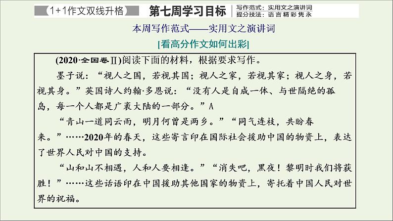 2022届高考语文一轮复习专题七写作双线升格第七周实用文之演讲词语言精彩隽永课件新人教版202109171274第1页