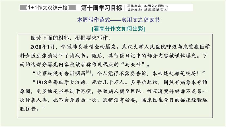 2022届高考语文一轮复习专题七写作双线升格第十周实用文之倡议书结尾简洁有力课件新人教版202109171276第1页