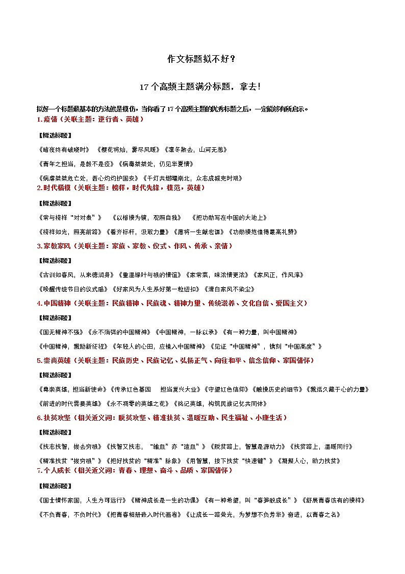 10 作文标题拟不好？17个高频主题满分标题，拿去！-2022年高考作文热点新闻素材积累与运用第1页
