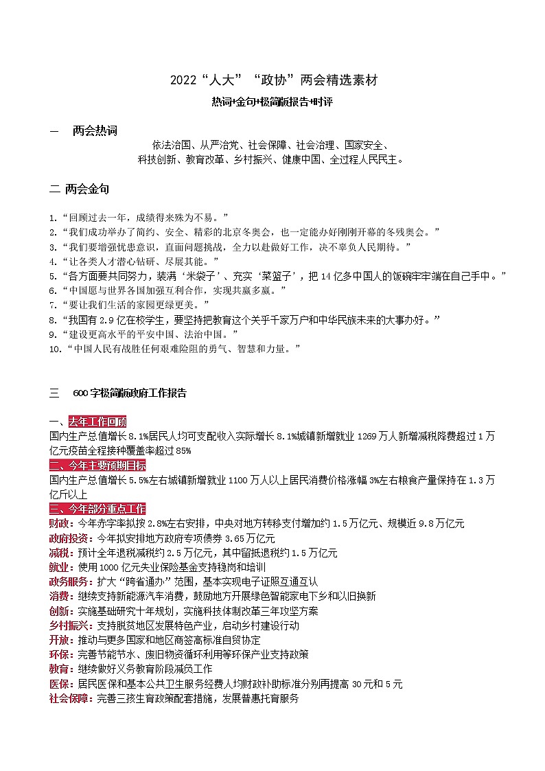 44 2022年两会精选素材-2022年高考作文热点新闻素材积累与运用 课件01