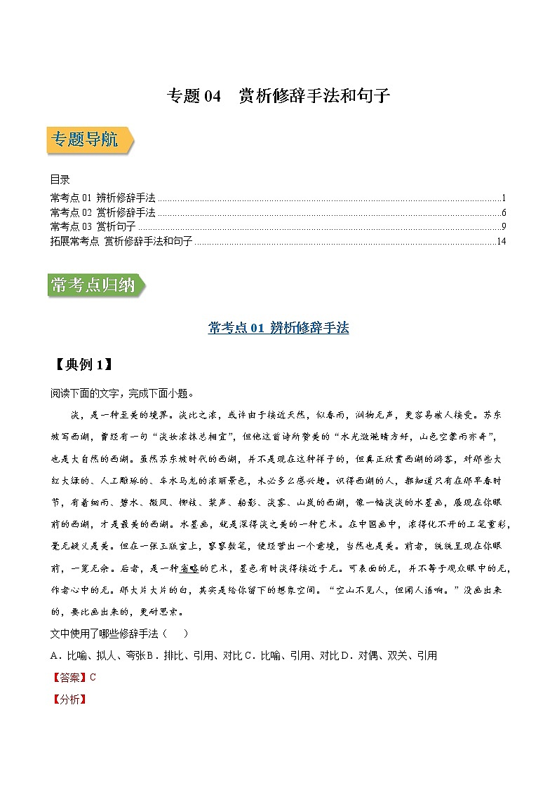 专题04 赏析修辞手法和句子-2022年高三毕业班语文常考点归纳与变式演练（新高考版）（解析版）第1页