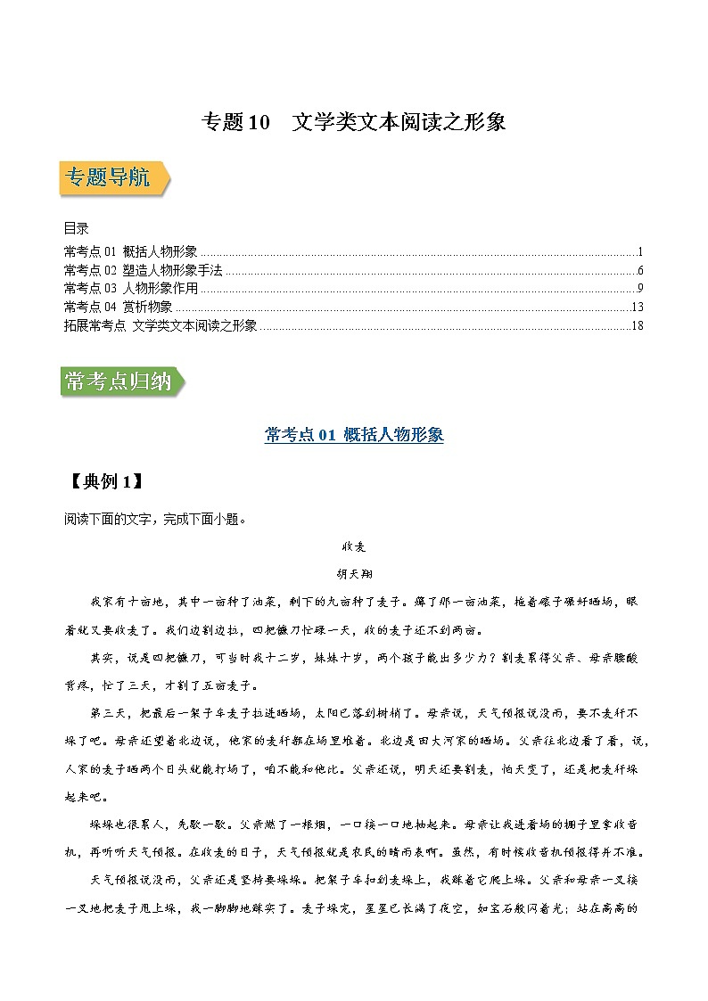 专题10 文学类文本阅读之形象-2022年高三毕业班语文常考点归纳与变式演练（新高考版）01