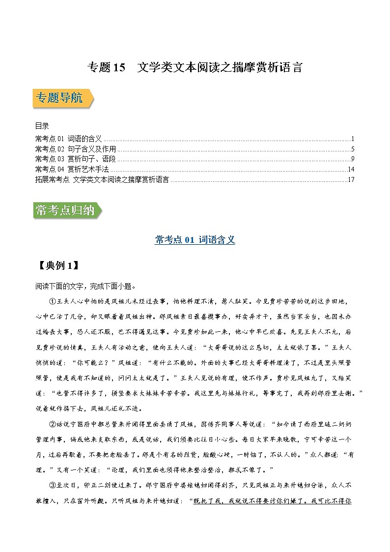 专题15 文学类文本阅读之揣摩赏析语言-2022年高三毕业班语文常考点归纳与变式演练（新高考版）01