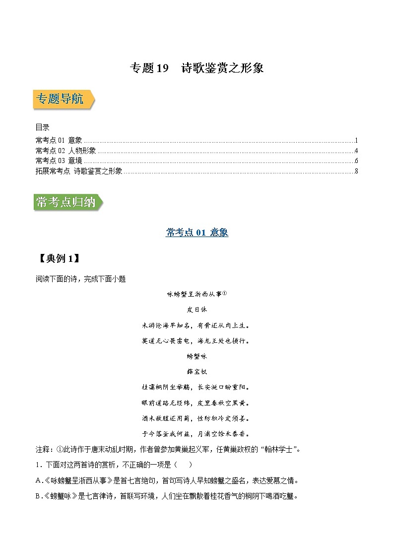 专题19 诗歌鉴赏之形象-2022年高三毕业班语文常考点归纳与变式演练（新高考版）（原卷版）第1页