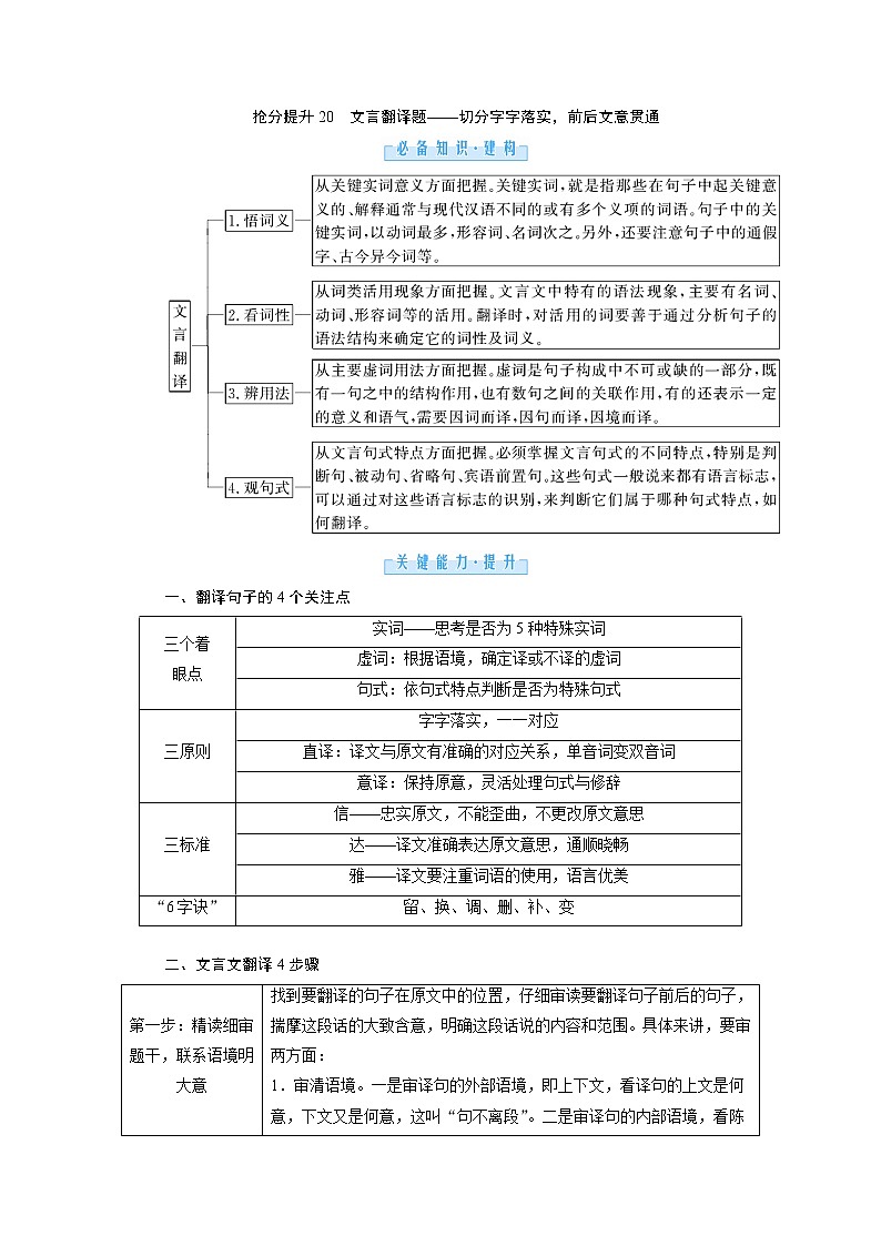 2.4文言文阅读抢分提升20文言翻译题——切分字字落实，前后文意贯通（word）-2022大二轮【导学教程】 高考语文专题辅导与训练第1页