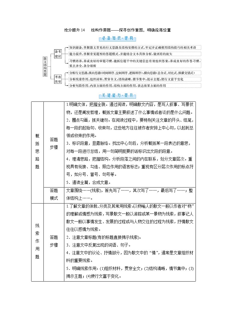 1.3.2散文抢分提升14结构作用题——探寻创作意图，明确段落位置（word）-2022大二轮【导学教程】 高考语文专题辅导与训练第1页