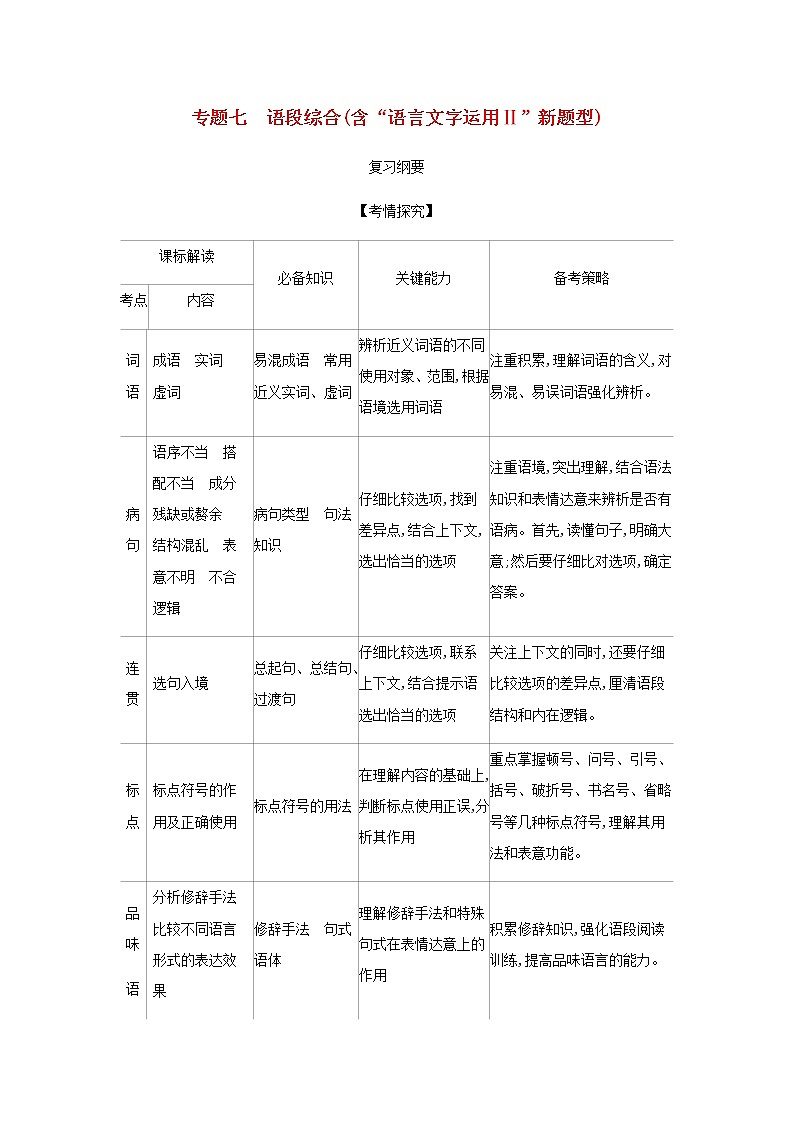 高考语文二轮复习专题七语段综合含“语言文字运用Ⅱ”新题型__能力训练含解析第1页