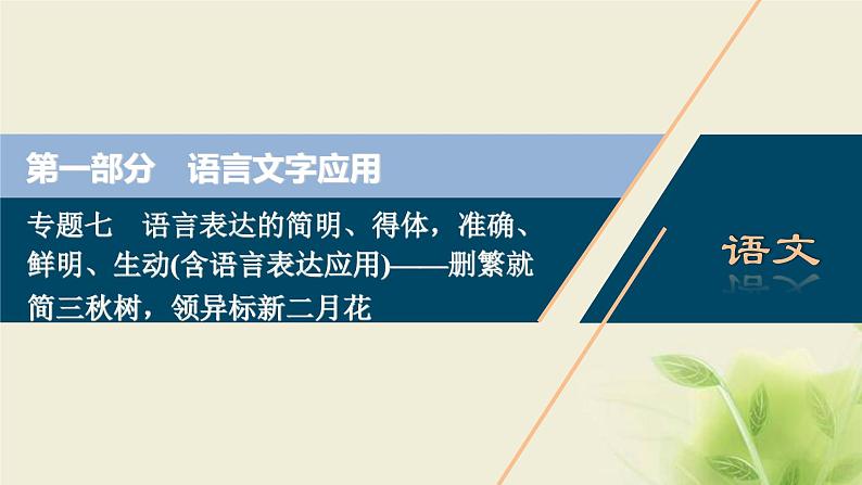 浙江专用高考语文二轮复习专题七语言表达的简明得体准确鲜明生动含语言表达应用__删繁就简三秋树领异标新二月花课件第1页