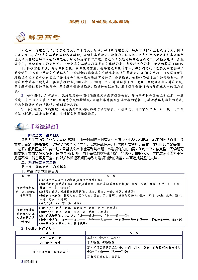 解密01 论述类文本阅读 (讲义)-【高频考点解密】2022年高考语文二轮复习讲义+分层训练01