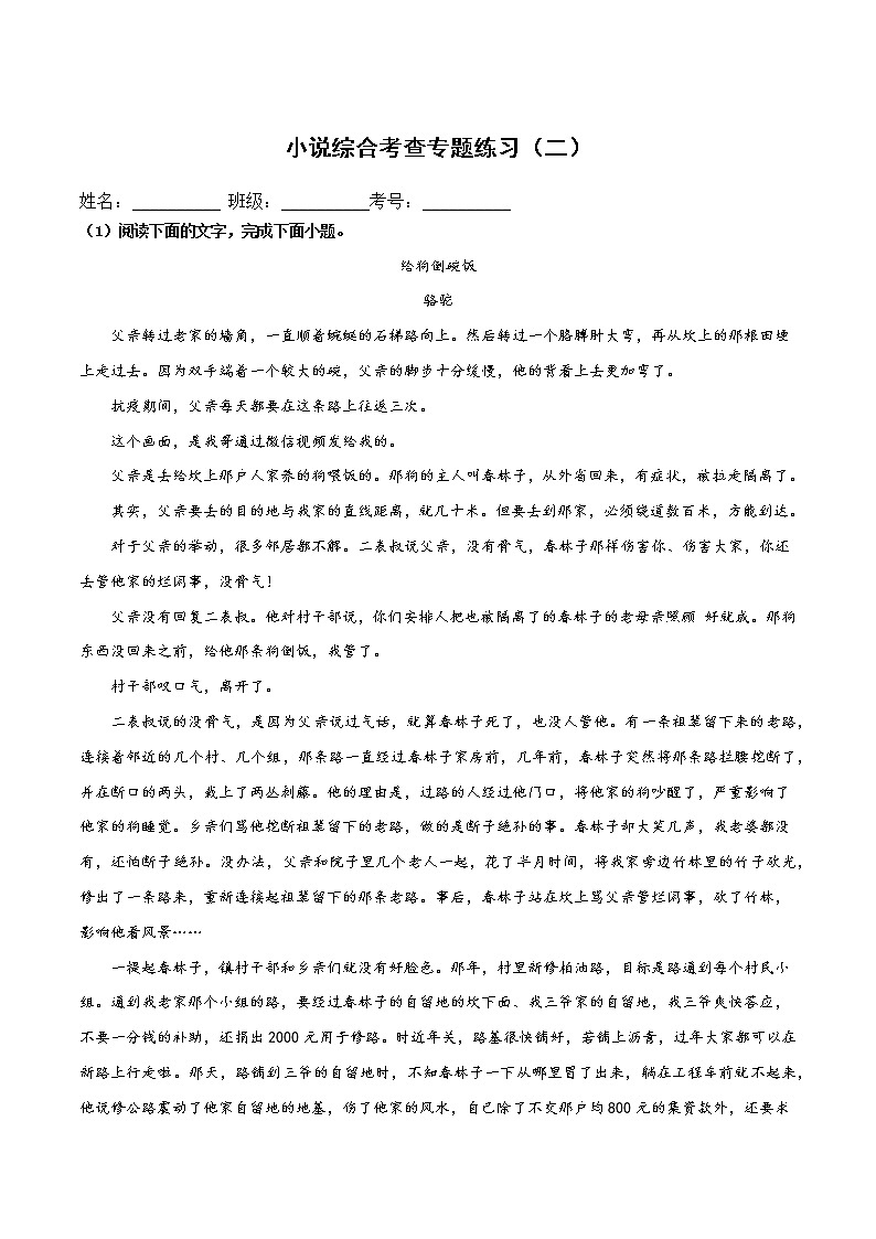 2022年高考小说综合考查专题练习（二）（解析版）-2022年高考小说文本高频考点精讲精练第1页