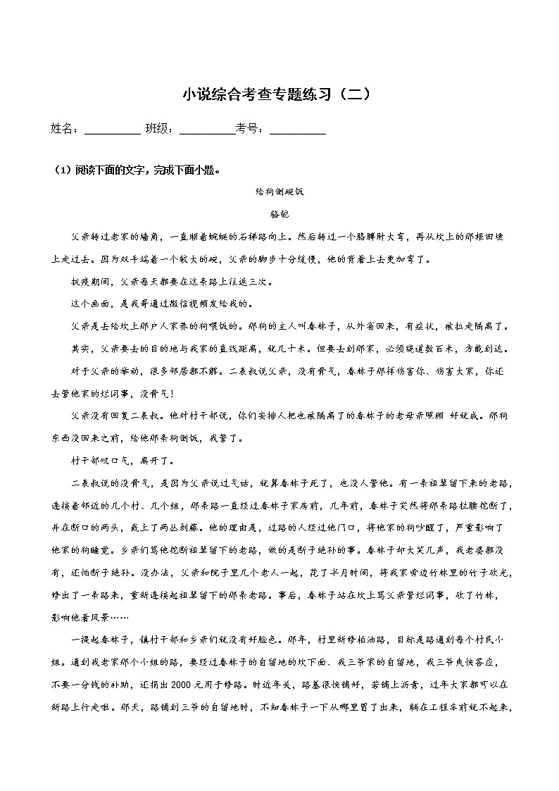 2022年高考小说综合考查专题练习（二）（原卷版）-2022年高考小说文本高频考点精讲精练第1页