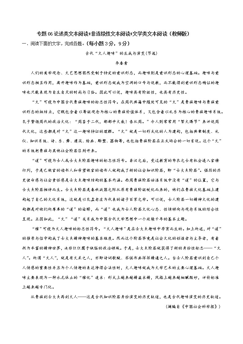 专题06 论述类文本阅读+非连续性文本阅读+文学类文本阅读-备战2022年高考题型组合限时训练（教师版）第1页
