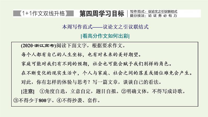 新人教版高考语文二轮复习专题七写作双线升格第四周议论文之引议联结式论证务必有力课件第1页