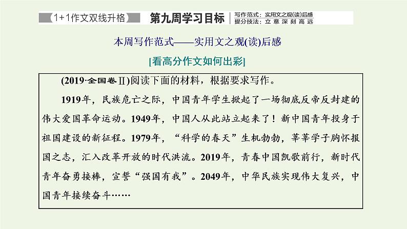 新人教版高考语文二轮复习专题七写作双线升格第九周实用文之观读后感立意深刻高远课件第1页