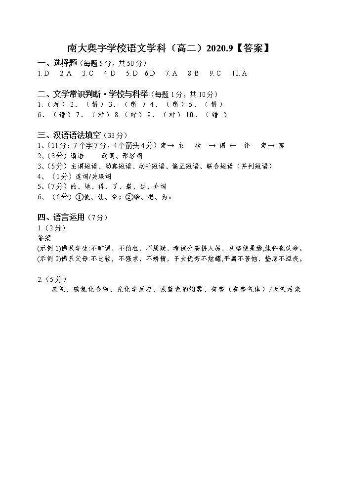 2021高二语文【答案】(1)第1页