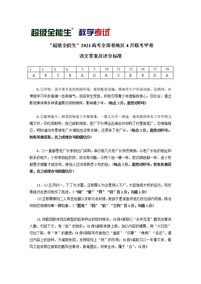 语文评分标准-“超级全能生”2021高考全国卷地区4月联考甲卷第1页
