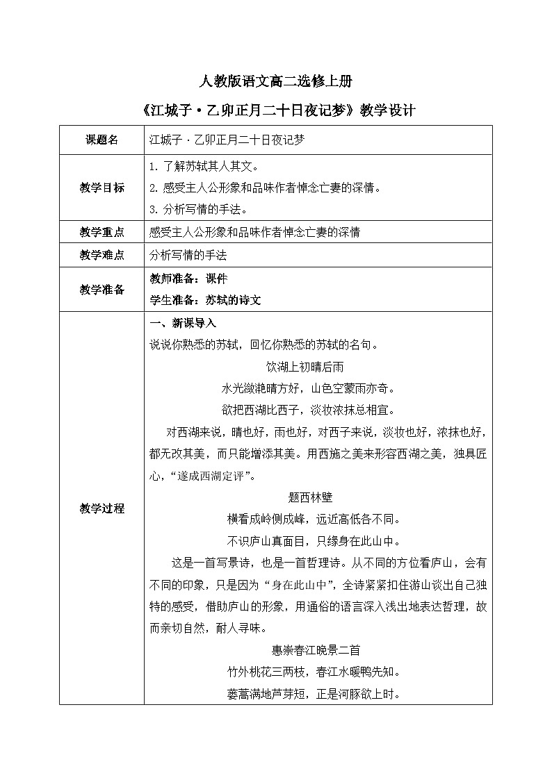 《江城子·乙卯正月二十日夜记梦》课件+教学设计01