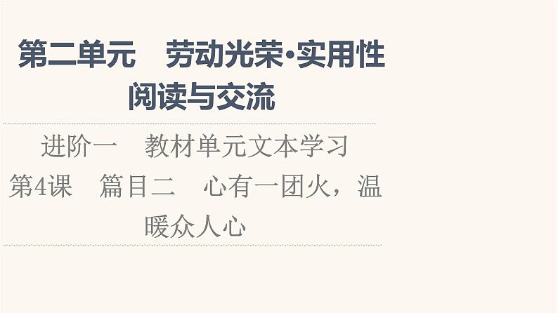 人教统编版高中语文必修上册第2单元劳动光荣实用性阅读与交流进阶1第4课篇目2心有一团火温暖众人心课件第1页