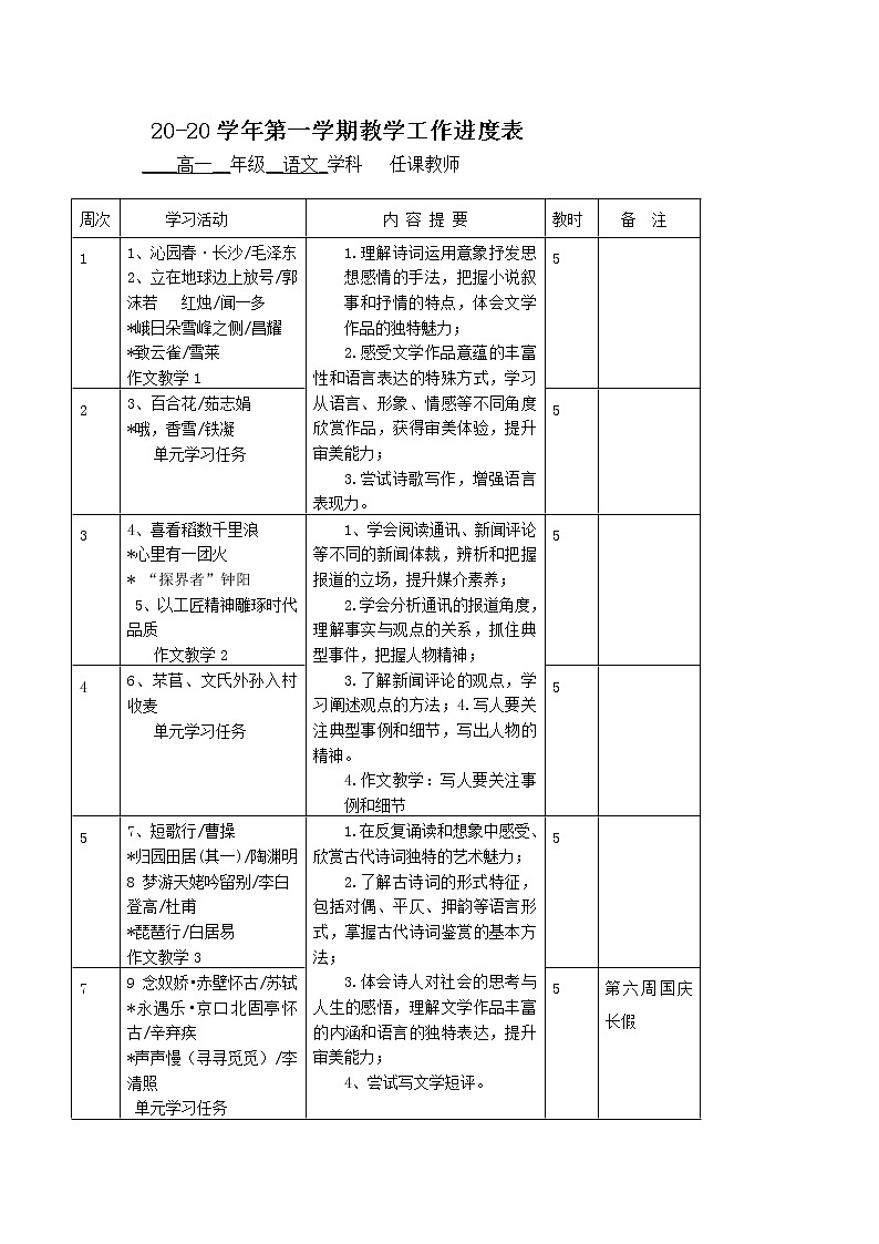 2022-2023学年统编版高中语文必修上册教学工作计划进度表第1页