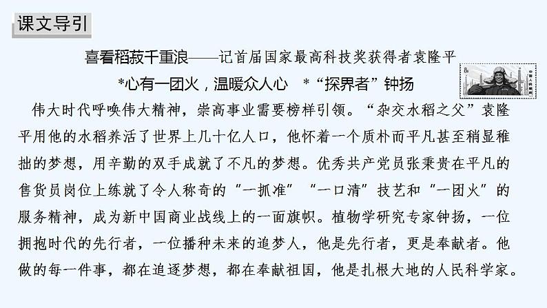 【最新版】高中语文必修上册4　 喜看稻菽千重浪——记首届国家最高科技奖获得者袁隆平  心有一团火，温暖众人心　“探界者”钟扬 课件03