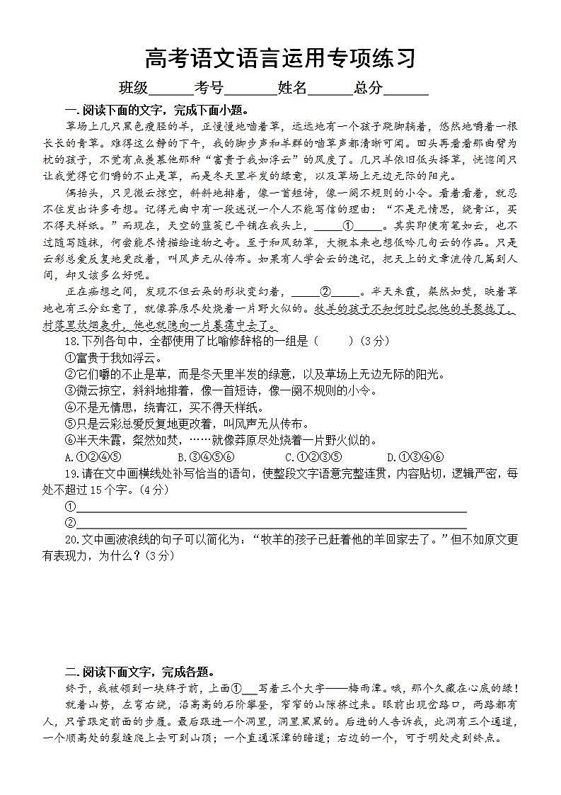 高中语文2023高考复习语言运用专项练习2（附参考答案）第1页