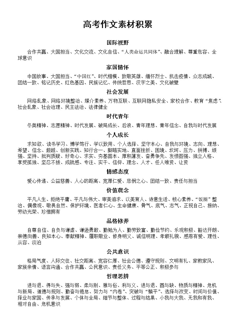 高中语文2023高考作文素材积累（高频话题+时评+立意）第1页