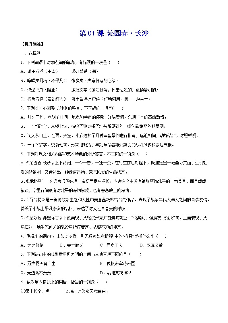 第01课 沁园春·长沙(提升训练)(原卷版)第1页