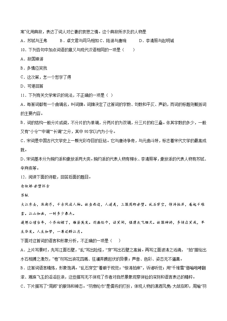 第09课 念奴娇·赤壁怀古(提升训练)(原卷版)第3页