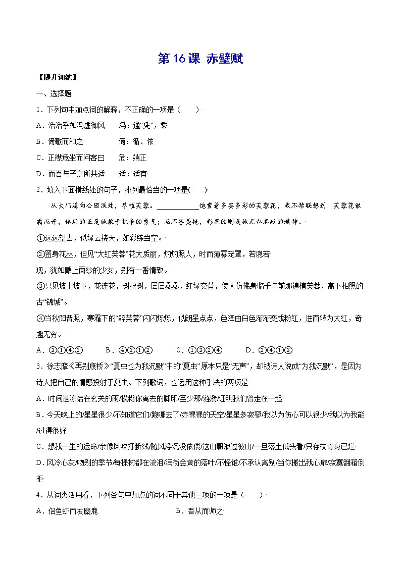 第16课+赤壁赋(提升训练)-2022-2023学年高一语文“基础+提升”考点专项训练（统编版必修上册）01