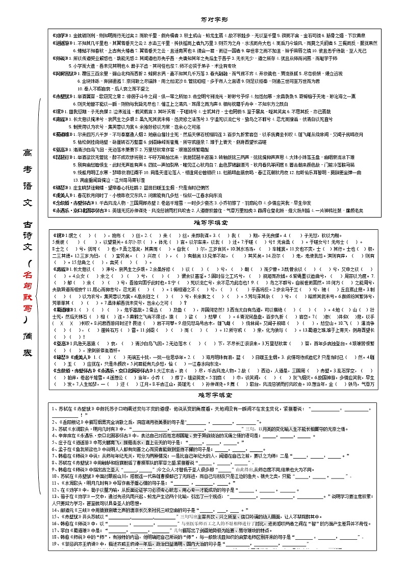 高考语文复习--简表：高中语文古诗文（名句默写） 教案01