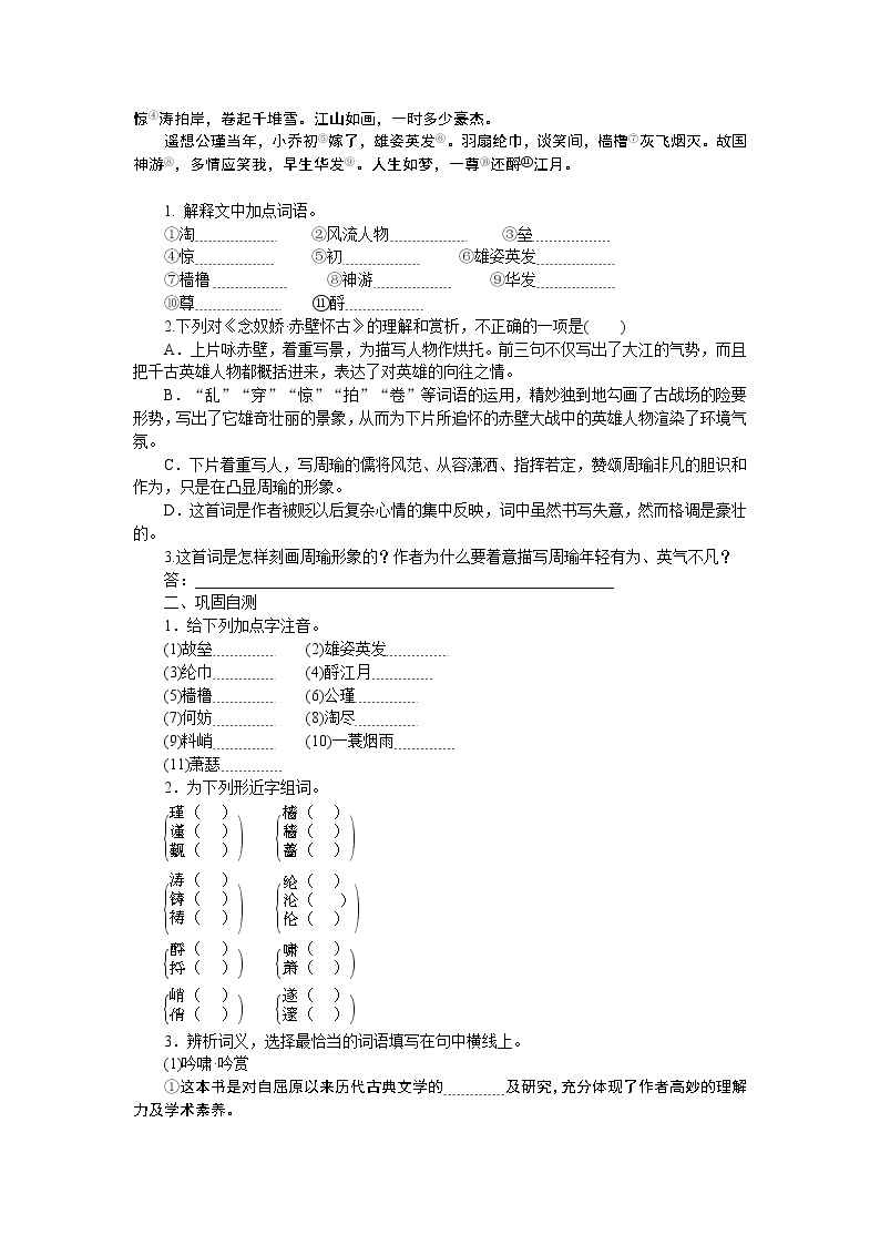 人教统编版高中语文必修上册念奴娇•赤壁怀古导学案03