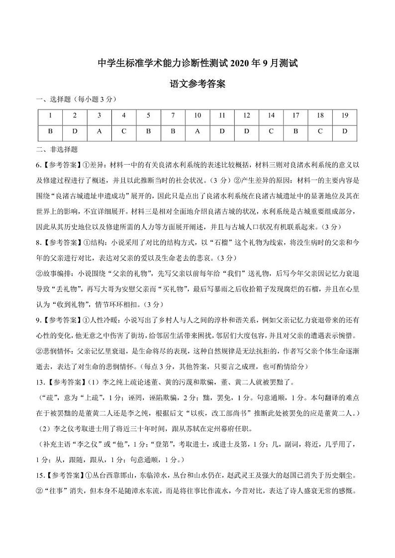 THUSSAT2020年9月诊断性测试语文答案第1页
