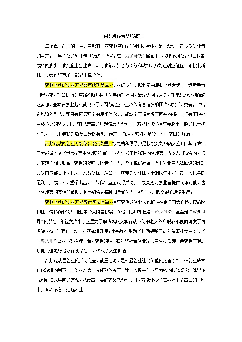 议论文写作模板——精神文明-梦想、理想类第1页