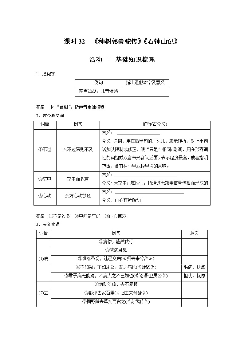 (新高考)高考语文二轮复习第2部分 教材文言文复习 课时32　《种树郭橐驼传》《石钟山记》 (含详解)第1页