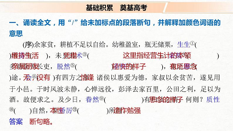 (全国版)高考语文一轮复习课件第5部分 教学文言文点线面 必修5 课文1 归去来兮辞 并序 (含详解)第7页