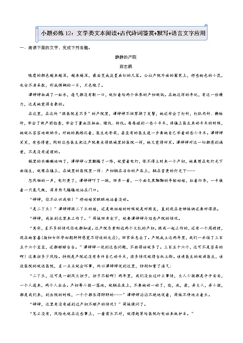 (新高考)高考语文三轮冲刺小题必练12 文学类文本阅读+古代诗词鉴赏+默写+语言文字应用(原卷版)第1页