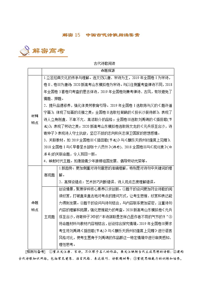(新高考)高考语文二轮专题解密15中国古代诗歌阅读鉴赏 (讲义) (含详解)01