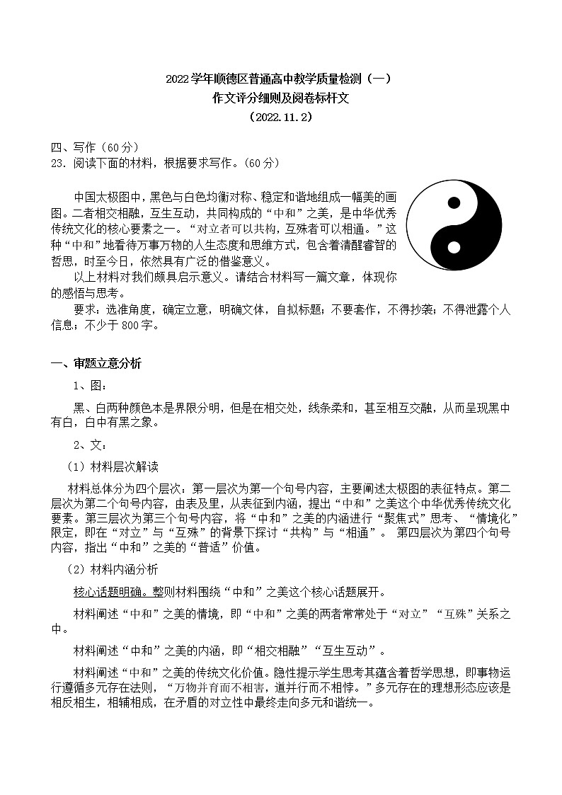 2022学年顺德区普通高中高三教学质量检测（一）作文审题评分及标杆文汇总第1页