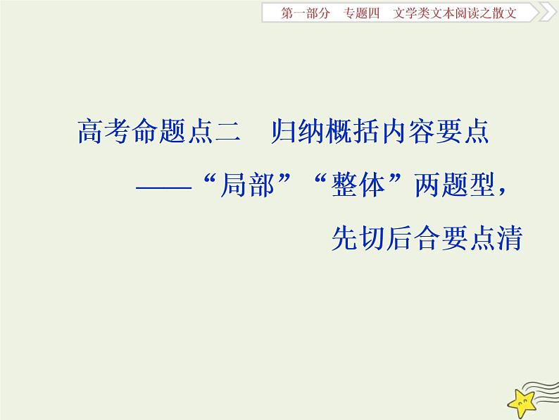 高考语文二轮复习1.4文学类文本阅读之散文2高考命题点二归纳概括内容要点__“局部”“整体”两题型先切后合要点清 课件(含详解)第1页