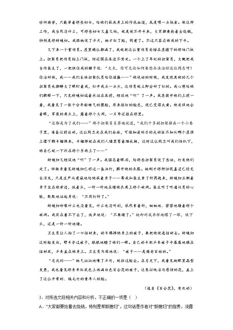 3.1《百合花》 课堂作业 2022-2023学年统编版高中语文必修上册第3页