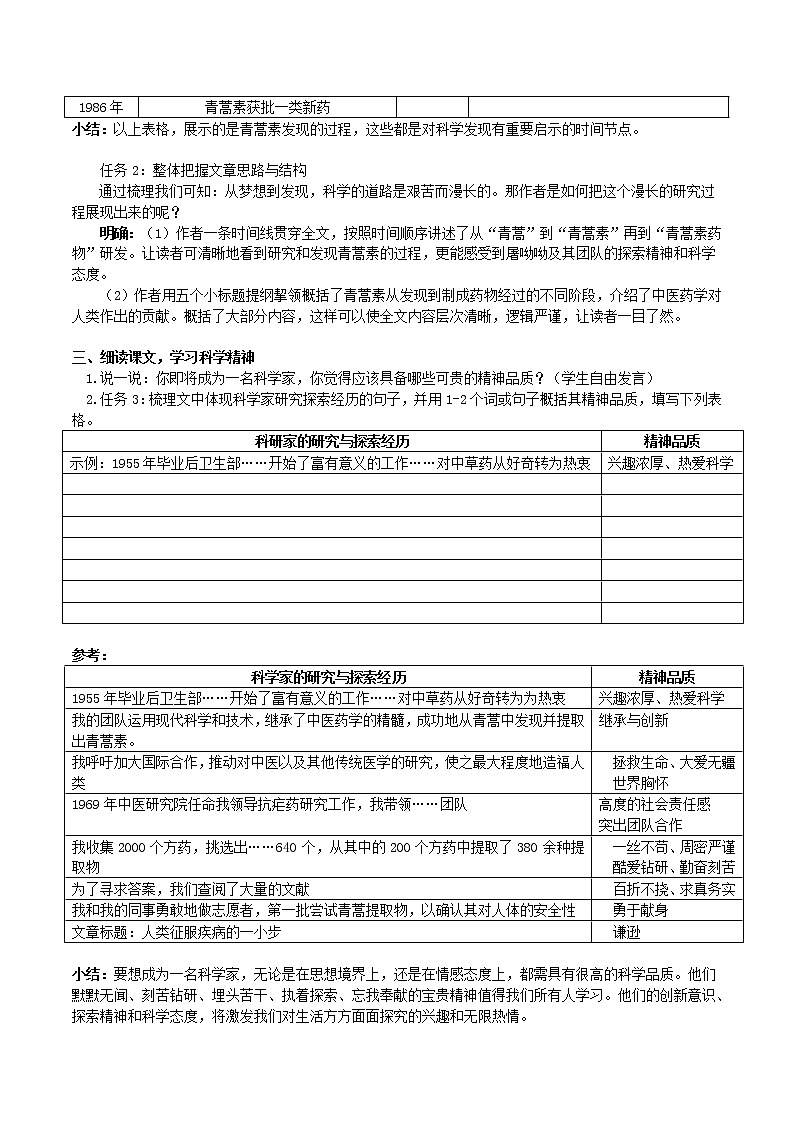 高一语文 统编版 必修下册《青蒿素：人类征服疾病的一小步》教学设计第2页
