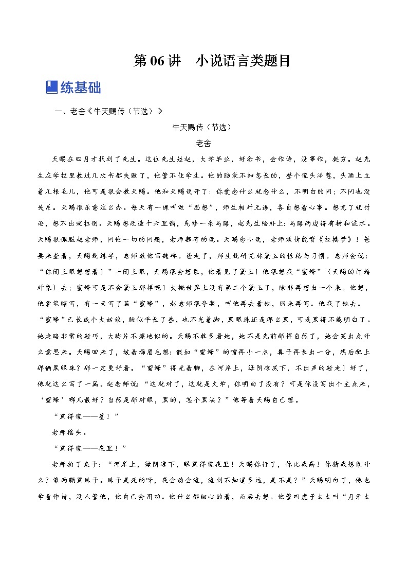 【备战2023高考】语文全复习——第06讲《小说语言类题目》练习（新教材新高考）01