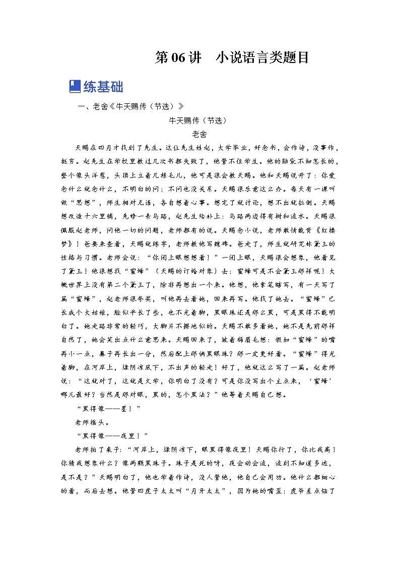 【备战2023高考】语文全复习——第06讲《小说语言类题目》练习（新教材新高考）01