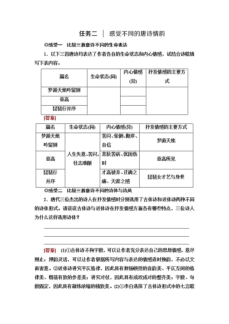 人教统编版高中语文必修上册第3单元进阶2任务2感受不同的唐诗情韵课件+学案01