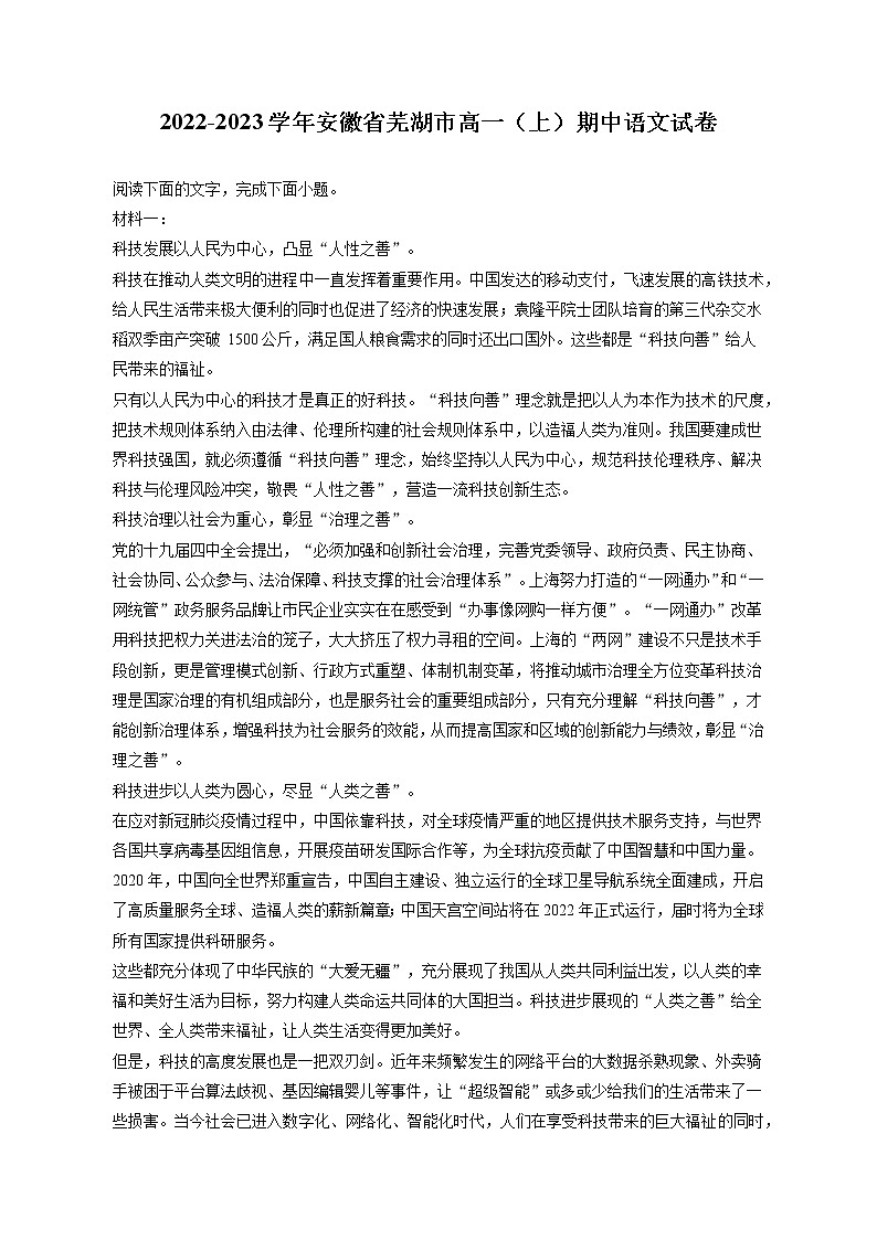 2022-2023学年安徽省芜湖市高一（上）期中语文试卷-普通用卷01