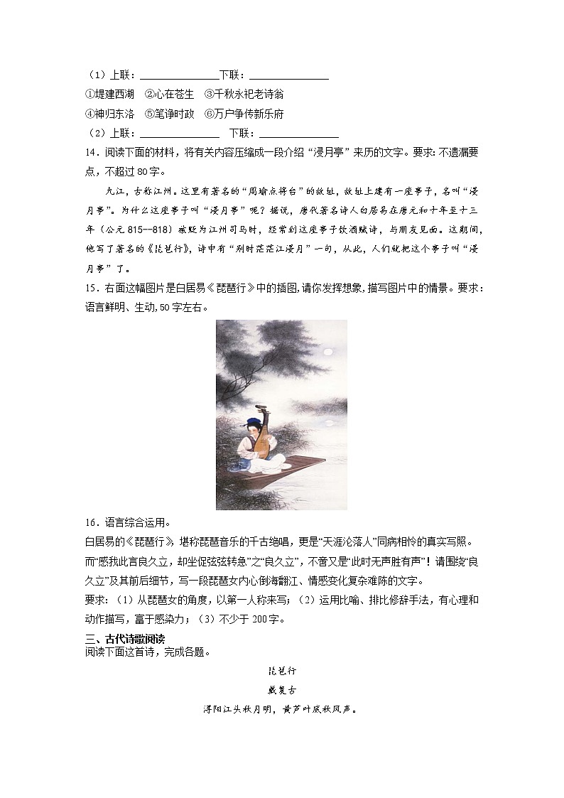 8《琵琶行并序》课后-高中语文统编版（2019）必修上册课前课中课后同步试题精编03