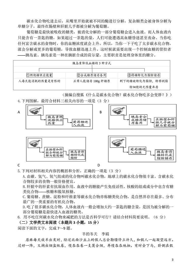 2022--2023学年郑州外国语高三1月份考试语文试题与答案第3页